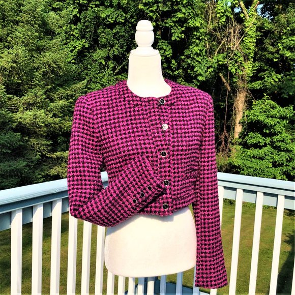 ZARA Pink Houndstooth Cropped Fitted Tweed Jacket Size M/S NEW with Tag - Picture 6 of 7